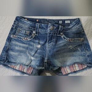 Miss Me Blue Distressed Denim Jean Shorts with Embroidered Pockets